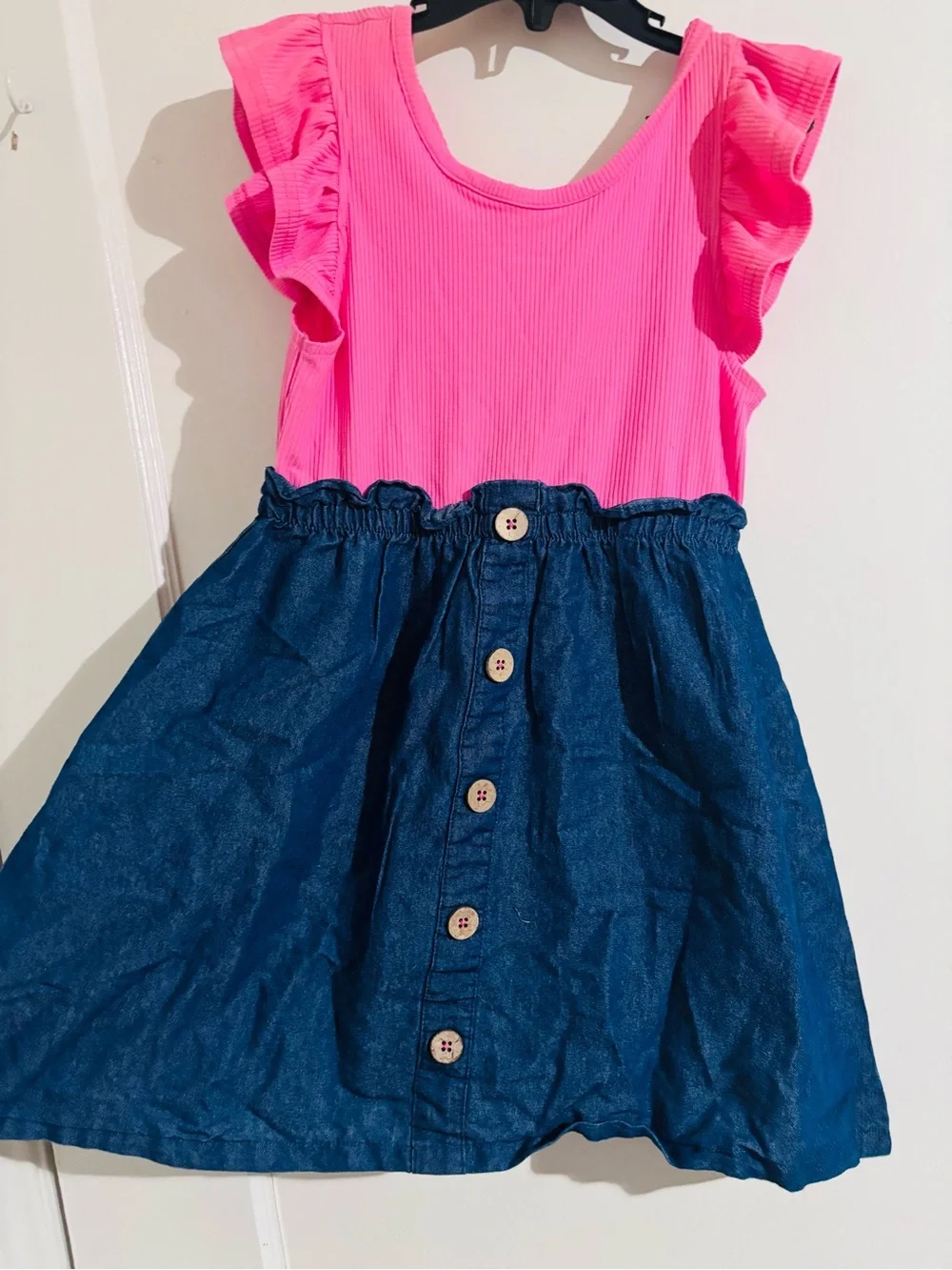 Girls Hot Pink Ribbed Top with Denim-Style Button Skirt size 6 girls